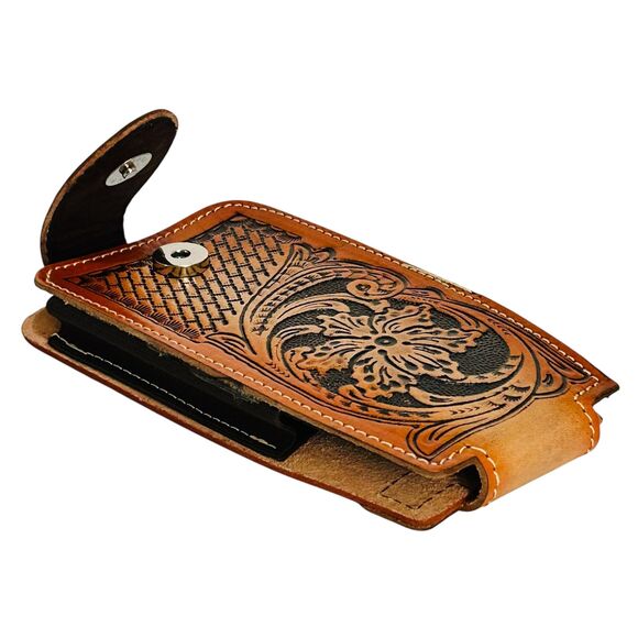 Western Leather Cell Phone holster brown - hand tooled,Funda de piel vaquera - Picture 1 of 4